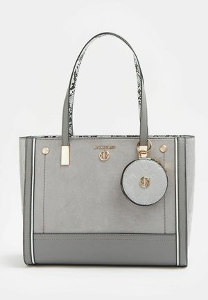 Sac cabas Gray River Island gris avec anses imprimé serpent, détails dorés du logo et une petite pochette ronde assortie avec motifs embossés.