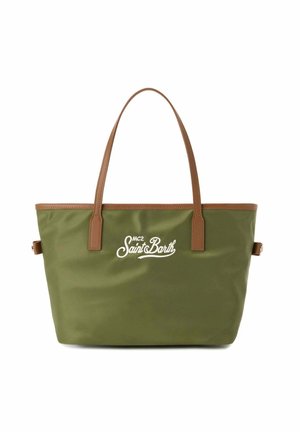Borsa a mano verde oliva con manici e rifiniture in pelle marrone, con logo bianco "MC2 Saint Barth" centrato sul davanti.