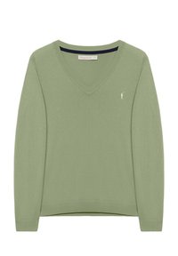 Pull vert à col en V en tissu doux. Comprend des manches longues et un petit logo brodé sur la poitrine. Poignets et ourlet côtelés.