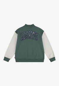 Felpa verde con maniche bianche, con logo "LEVI'S" ricamato sulla schiena. Collo e polsini a coste, texture del tessuto morbida.