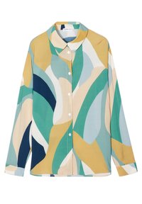 Chemise à manches longues avec un motif abstrait ondulé en vert, bleu, beige et jaune, et un col pointu.