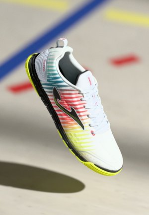White athletic shoe with gradient blue to orange design, black logo, and bright yellow sole. Features textured upper and sleek silhouette.