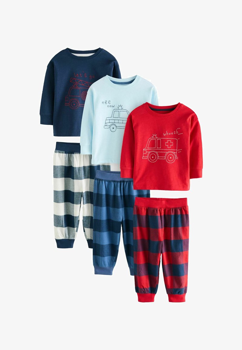 Zestaw pięciu piżam dla dzieci w kolorach niebieskim, czerwonym i granatowym. Materiały to bawełna. Zawiera grafiki z pojazdami oraz wzory w paski.