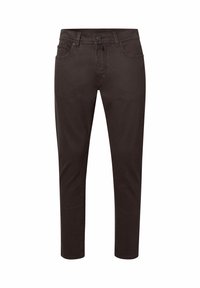Jean dans un ton marron foncé, coupe slim, avec poches avant, passants de ceinture, fermeture à bouton et couture visible sur fond blanc.