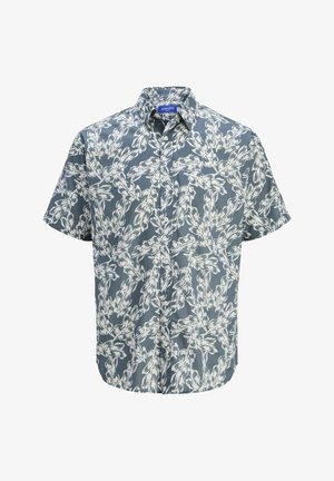 Kurzärmliges Hemd mit Knopfleiste in Dunkelblau mit weißem Blumenmuster, ausgestattet mit einem klassischen Kragen und einem lockeren Schnitt.