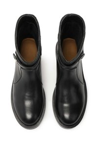 Black leather ankle boots with a smooth finish, featuring a side zipper, rounded toe, and a low, flat sole. Inside is a brown lining.