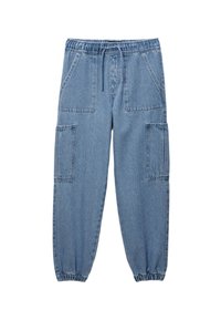 Pantalons cargo en denim bleu clair avec une taille élastique, cordon de serrage, deux poches avant et deux poches latérales; design à cheville fuselée.