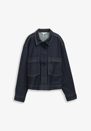 Dunkelblaue Jeansjacke mit langen Ärmeln, weitem Kragen, sichtbaren gelben Nähten und zwei aufgesetzten Fronttaschen.