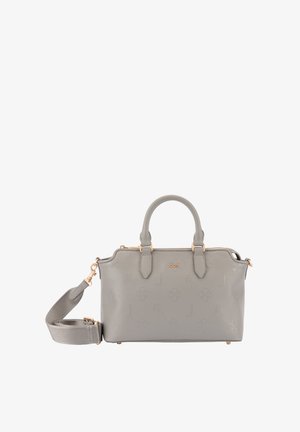 Sac à main en cuir gris avec motif floral embossé, double poignée, bandoulière amovible et ferrures de couleur dorée. Fermeture éclair sur le dessus.