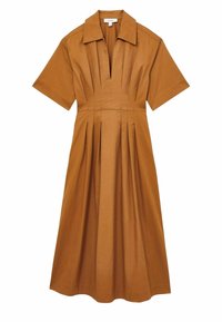 Bruine katoenen midi-jurk met korte mouwen, een kraag, geplooid ontwerp en een getailleerde bodice, die overgaat in een uitlopende rok aan de zoom.