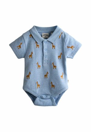 Grenouillère bleu clair pour bébé avec col et boutons, décorée de petites girafes brodées sur tout le tissu.