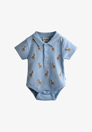 Hele sinine beebi kombekas krae ja nööpidega, kaunistatud väikeste tikitud kaelkirjakutega üle kogu kangast.