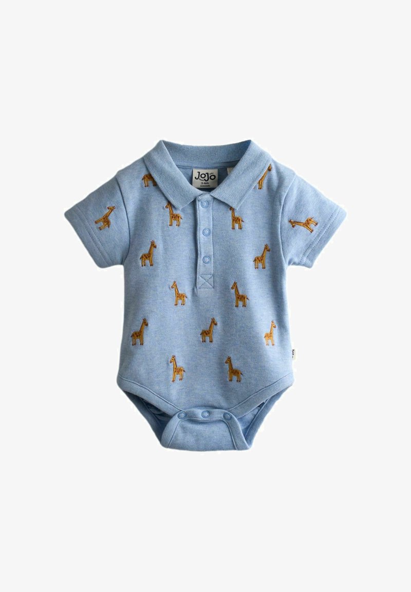 Hele sinine beebi kombekas krae ja nööpidega, kaunistatud väikeste tikitud kaelkirjakutega üle kogu kangast.