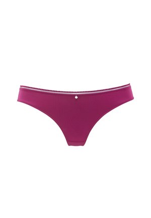 Mauve bikini gaćice s glatkom teksturom, s picot obrubom duž struka i malim srebrnim detaljem na sredini stražnjeg dijela.