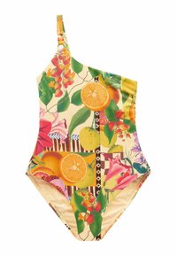 En axelbandslös baddräkt med ett livfullt blommigt och fruktigt mönster i gult, med en texturerad tygkvalitet och kontrasterande horisontella ränder.