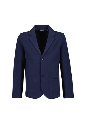 Blazer enfant bleu marine à deux boutons, col à cran et deux poches plaquées à l’avant, adapté aux occasions formelles.