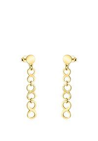 Guld-tone dangle øreringe med sammenkædede uendelighedsformer, der har en glat overflade og én, der er fremhævet med et mønstret design.