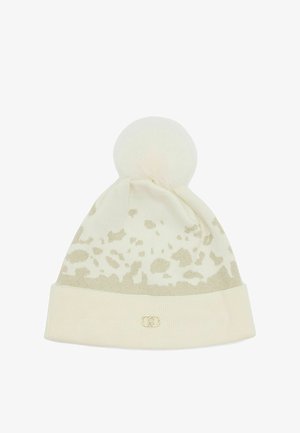 Bonnet en tricot crème avec imprimé léopard doré, pompon doux en haut, et une bordure repliée texturée avec un logo embossé.