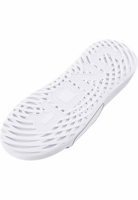 Hvid sportsko sål med et tekstureret, åbent design og hævede bogstaver. Mønstret består af sammenhængende linjer for greb.