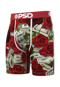 Bokserki z wzorem czerwonych róż i porozrzucanych banknotów, wykonane z elastycznej tkaniny z czerwonym pasem w talii i białymi akcentami.