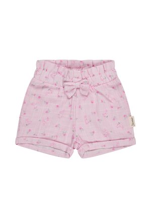 Pink cotton shorts with an elastic waistband, featuring a front bow detail and a floral pattern with small bunnies. Rolled cuffs finish the hem.