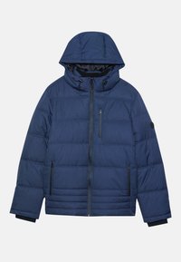 Chaqueta acolchada azul marino con capucha, que cuenta con un cierre frontal, dos bolsillos laterales con cremallera y puños elásticos. Material exterior suave.