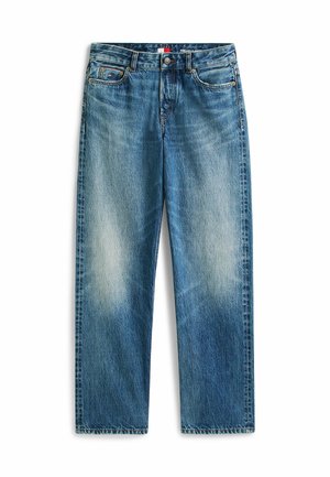 Lichte blauwe denim jeans met vervaagde accenten, rechte broekspijpen, vijf zakken, knoopsluiting en contrasterende stikseldetails.