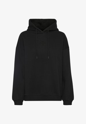 Felpa nera con cappuccio e grande tasca frontale, dotata di logo ricamato tono su tono sul petto, cappuccio con cordino e polsini e bordo a costine.