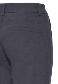 Dark gray trousers featuring a smooth texture, standard waistband, and back pocket detail. Tailored design with subtle stitching accents.