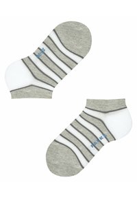Szare i białe skarpetki sięgające kostki z poziomymi paskami; miękki materiał dzianinowy; niebieskie logo po boku; niski krój.