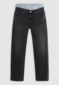 Svarta denimjeans med rak benpassform, fem fickor och midjeband i ljusblått. Har en subtil textur och klassiska sömnadsdetaljer.