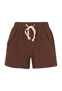Shorts in cotone marrone con cintura elastica, cordoncino e due tasche laterali. Sono realizzati con un tessuto leggero e texture.