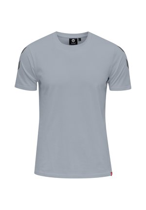 Light gray short-sleeve sports t-shirt with crew neck, small black logos on shoulders, and a red tag at the bottom hem on the front side.