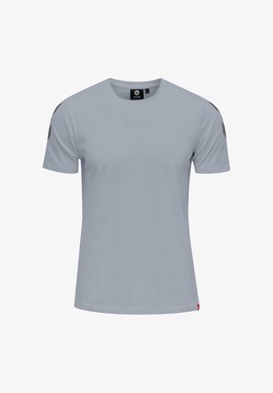 Light gray short-sleeve sports t-shirt with crew neck, small black logos on shoulders, and a red tag at the bottom hem on the front side.