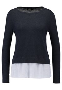 Dark blue long-sleeve top with a round neckline, featuring a striped white and blue layered hem. Soft fabric texture.