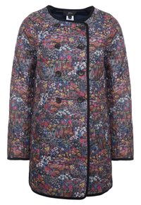 Vuoritettu takki kukkakuviolla kirkkaissa väreissä, jossa on pyöreä kaula-aukko, kaksirivinen etuosa ja mustat napit.