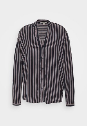 Navy blue button-up shirt with vertical white and pink stripes, long sleeves, v-neckline, and a relaxed fit. Soft fabric with a smooth texture.