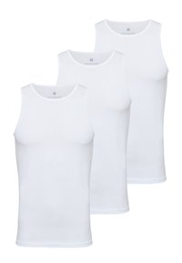 White cotton tank tops, three in a set, featuring a classic crew neckline and a simple, smooth texture with no patterns or accents.