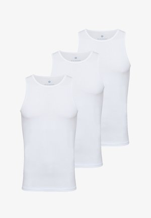 Hvide bomulds tank tops, tre i et sæt, med en klassisk rund halsudskæring og en enkel, glat tekstur uden mønstre eller detaljer.