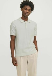 Polo shirt lavorato a maglia grigio chiaro con colletto piegato, tre bottoni marroni e maniche corte, abbinato a pantaloni beige. Texture liscia.