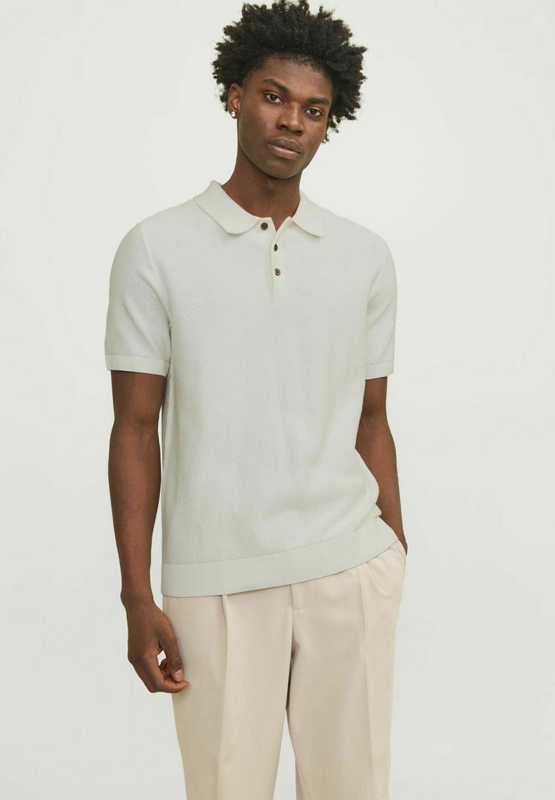 Polo shirt lavorato a maglia grigio chiaro con colletto piegato, tre bottoni marroni e maniche corte, abbinato a pantaloni beige. Texture liscia.