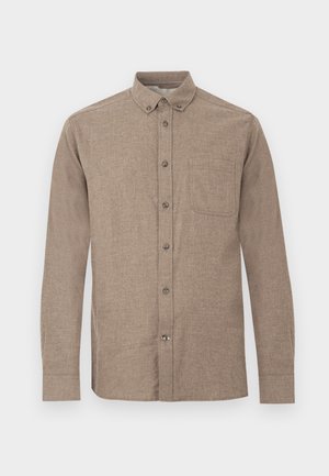 Brown long-sleeve shirt made of textured fabric, featuring a button-down collar, front pocket, and five buttons down the placket.