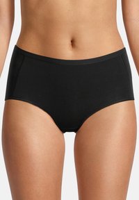 Pantaloni intimi neri a vita alta realizzati in un tessuto liscio e elasticizzato. Caratterizzati da cuciture minime e una lucentezza sottile per un aspetto elegante.