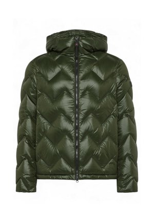 Olivgrüne Steppjacke mit Kapuze, mit einem Chevron-Strukturdesign, Frontreißverschluss und elastischen Bündchen für eine enge Passform.