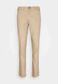 Beige slim-fit chinokset, joissa on vyölenkit, napin sulku ja etutaskut, esiteltynä yksinkertaisella valkoisella taustalla.