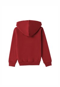 Felpa rossa con cappuccio, maniche lunghe, polsini e orlo a coste. Realizzata in materiale morbido, presenta un colore uniforme senza fantasie o accenti.