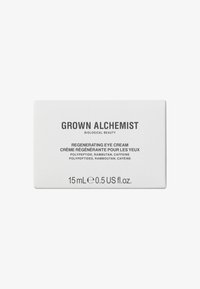 Crème pour les yeux régénérante Grown Alchemist dans un contenant rectangulaire blanc ; présente un texte noir pour les détails du produit et les ingrédients. 15 mL.
