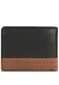 Cartera de cuero negra con un fondo de ante marrón claro y acentos perforados. Forma rectangular sencilla, con costuras visibles a lo largo de los bordes.