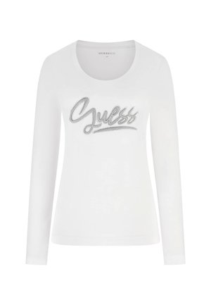 Weißes, langärmliges T-Shirt mit rundem Ausschnitt und silbernem "Guess"-Logo aus Strasssteinen auf der Brust. Weiche Stoffqualität.