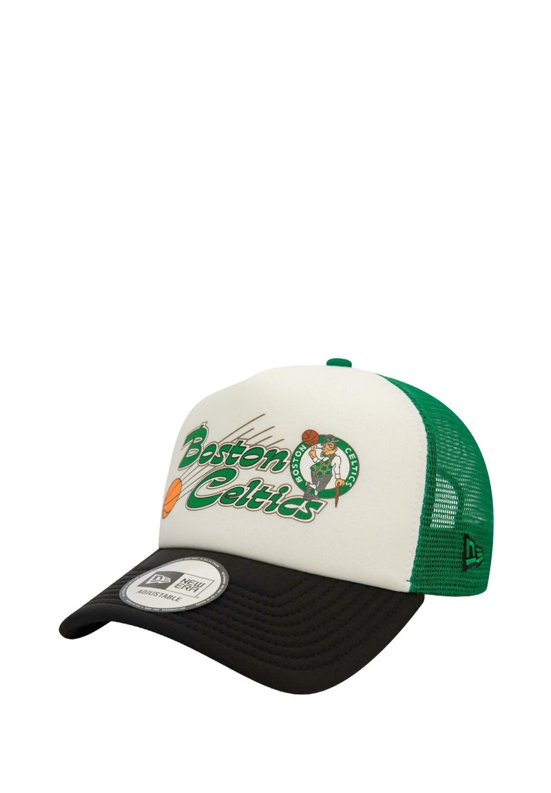 Green and white Boston Celtics cap with a black brim. Features logo graphic, mesh panels, adjustable strap, and flat bill design.